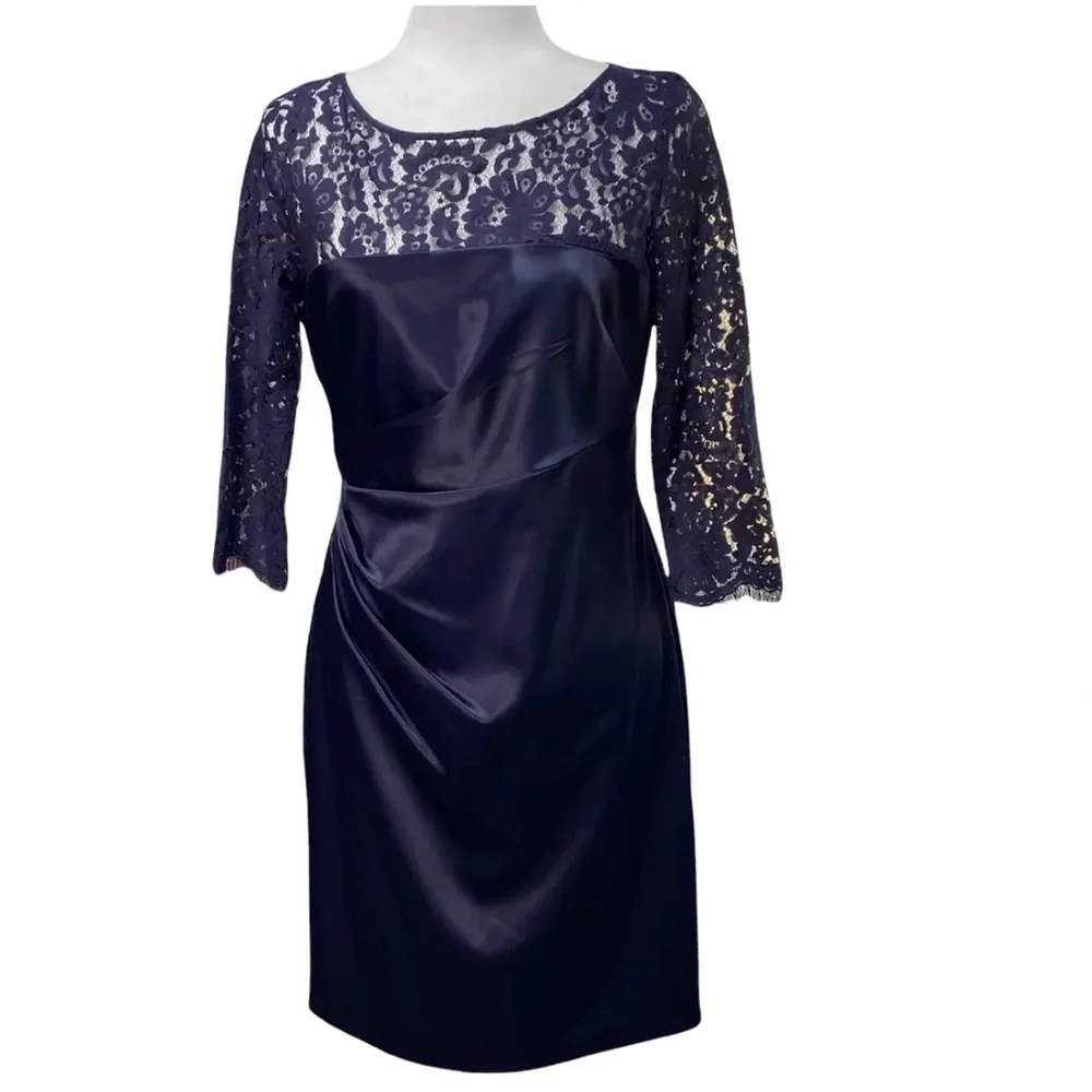Eliza J Navy Blue Satin and Lace Cocktail Dress SZ 4 - Picture 4 of 7